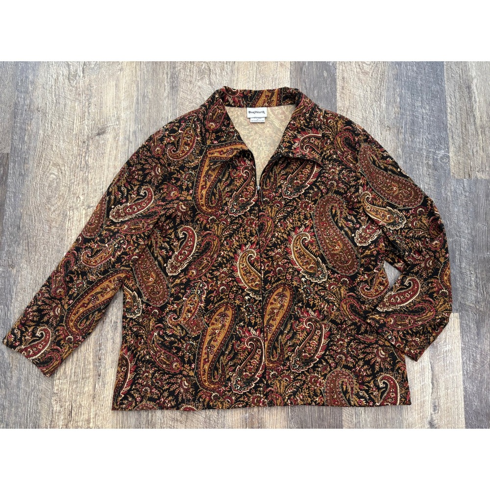 BonWorth Womens Petite Large Paisley Zip Front Jacket Brown Red Knit 26207 LP
